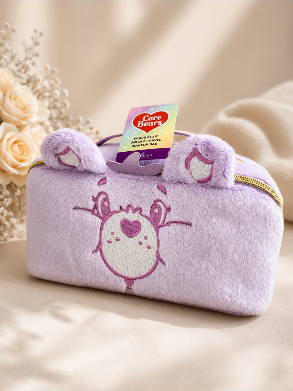Care Bears Lavender Plush Travel Makeup Bag with Embroidered Bear Face